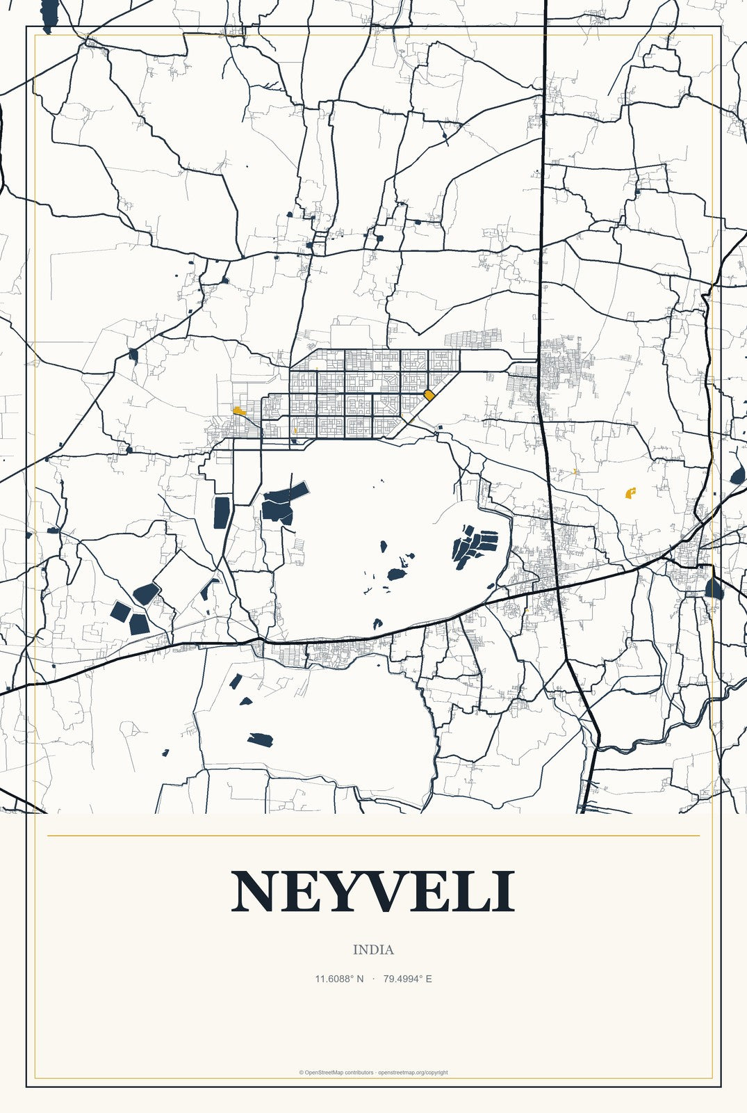 Neyveli, India City Map Aluminum Sign in Citrine Modern style