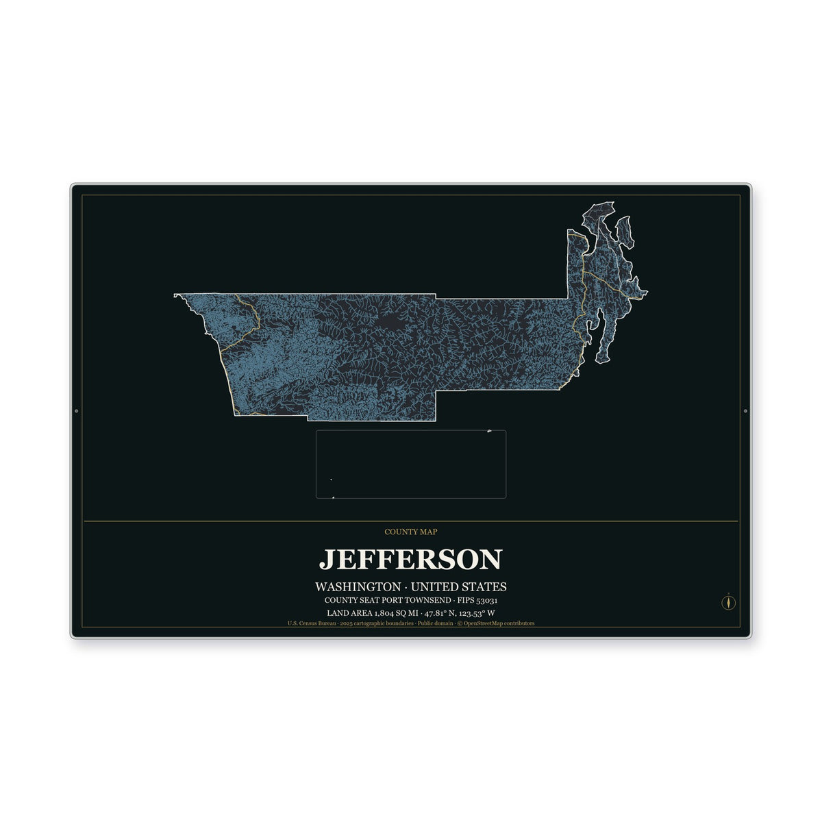 Jefferson County, Washington Map Aluminum Sign in Metropolitan Noir style