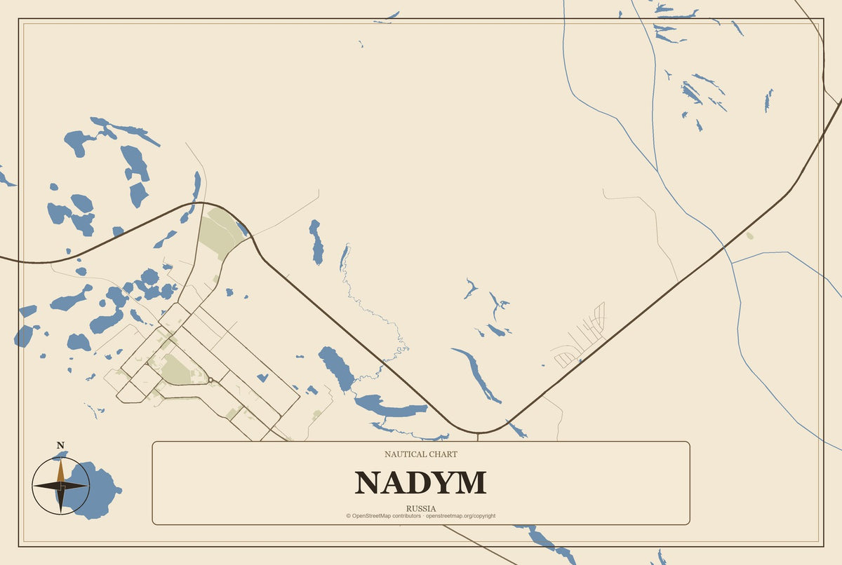 Nadym, Russia City Map Aluminum Sign in Heritage Nautical style