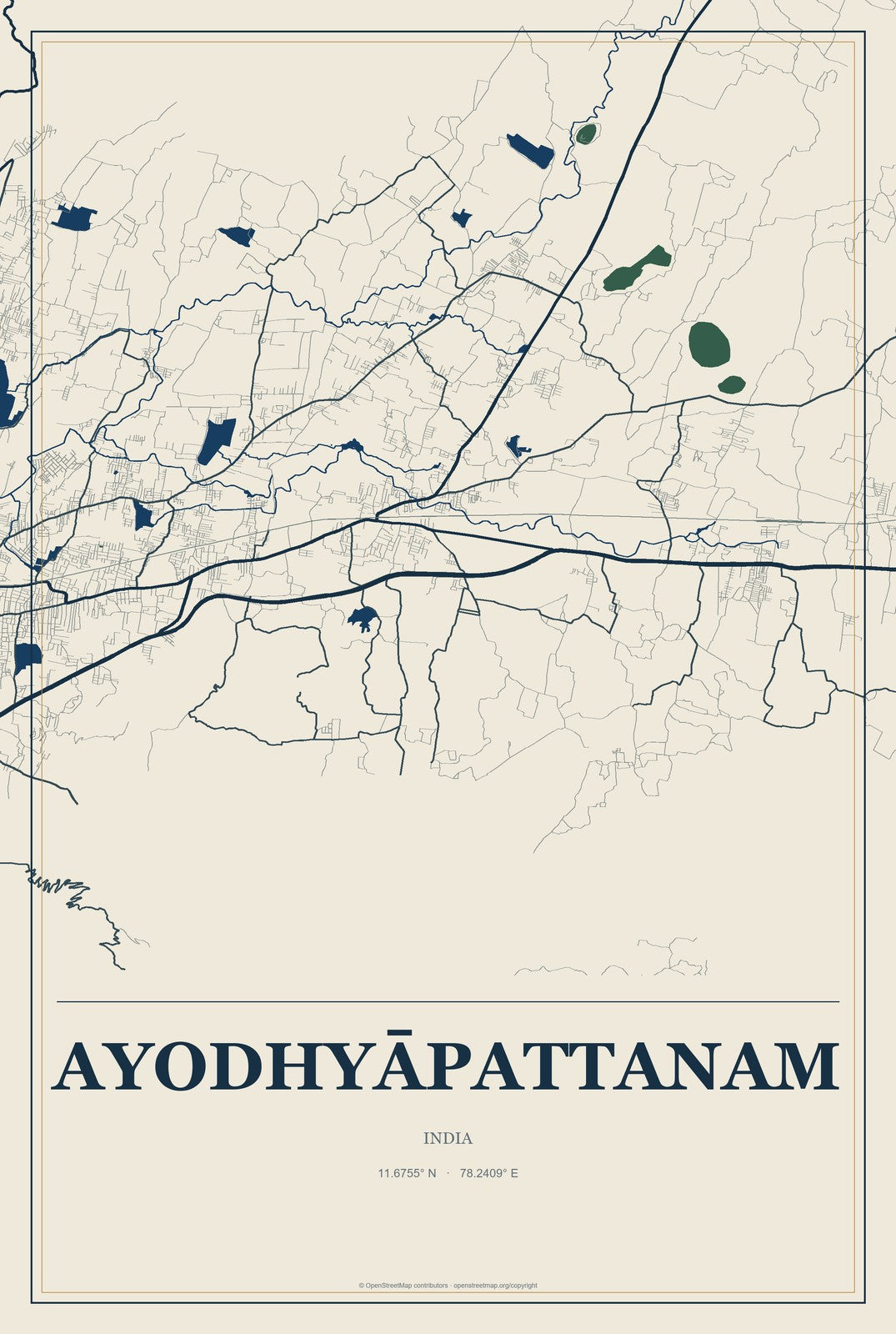 Ayodhyāpattanam, India City Map Aluminum Sign in Coastal Cutout style