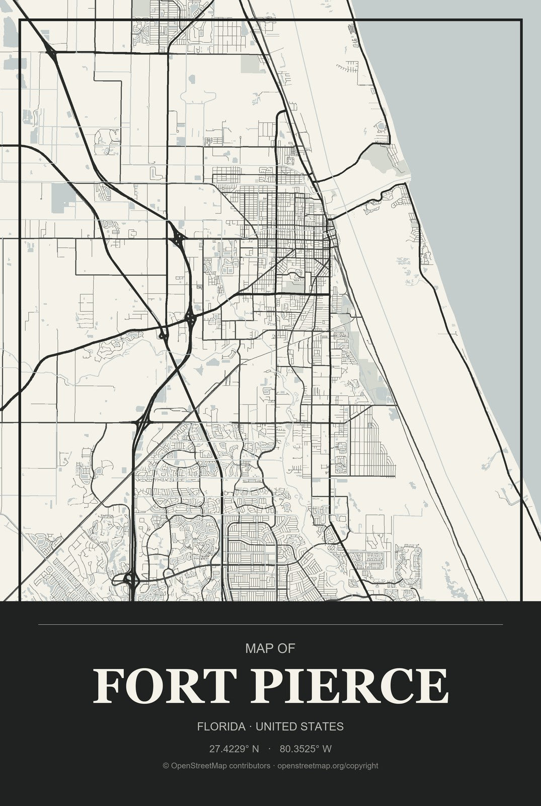 Fort Pierce, Florida City Map Aluminum Sign in Museum Plaque style