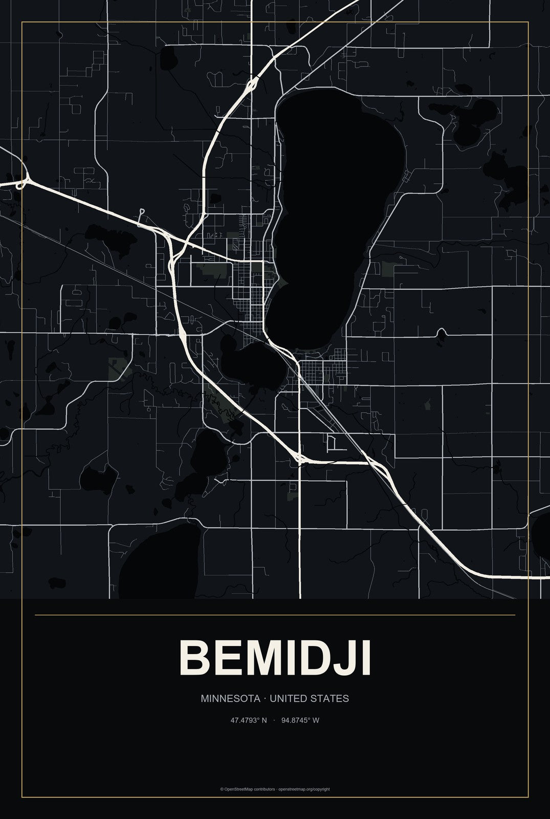 Bemidji, Minnesota City Map Aluminum Sign in Metropolitan Noir style