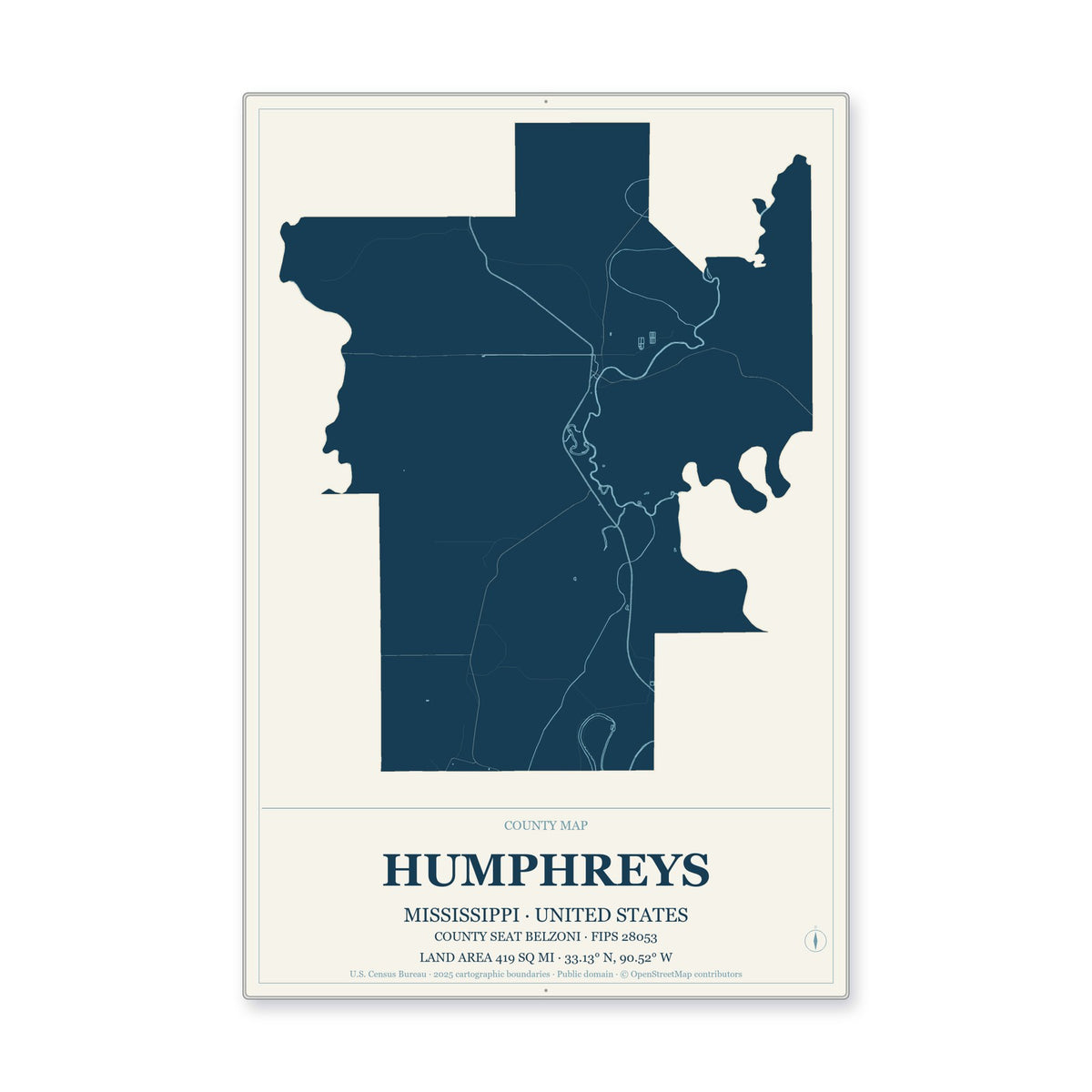 Humphreys County, Mississippi Map Aluminum Sign in Coastal Cutout style