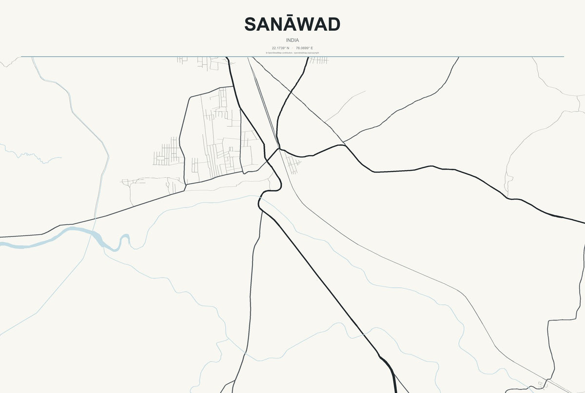 Sanāwad, India City Map Aluminum Sign in Headline Atlas style