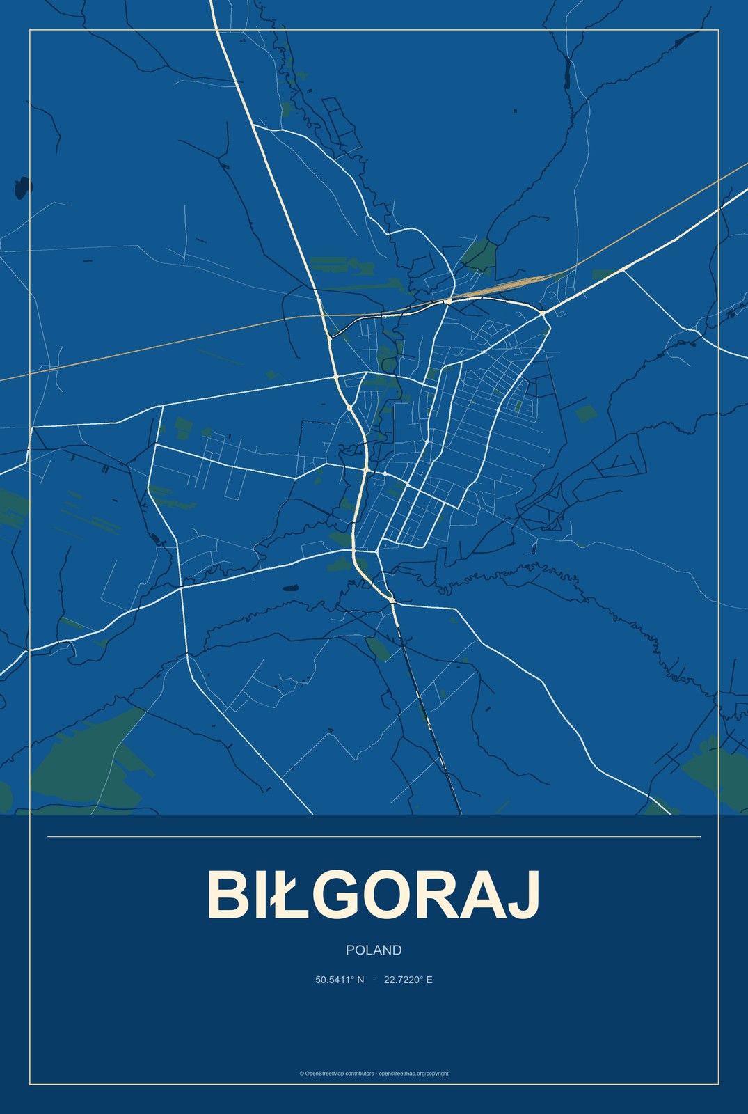 Biłgoraj, Poland City Map Aluminum Sign in Harbor Cobalt style