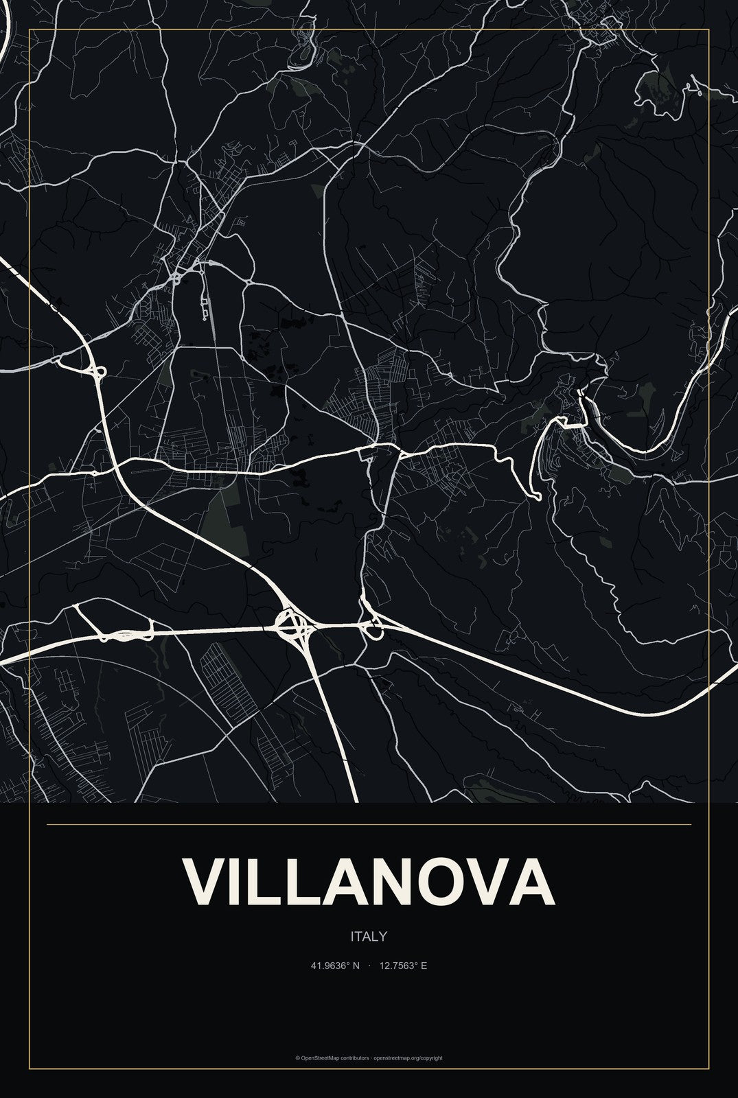 Villanova, Italy City Map Aluminum Sign in Metropolitan Noir style