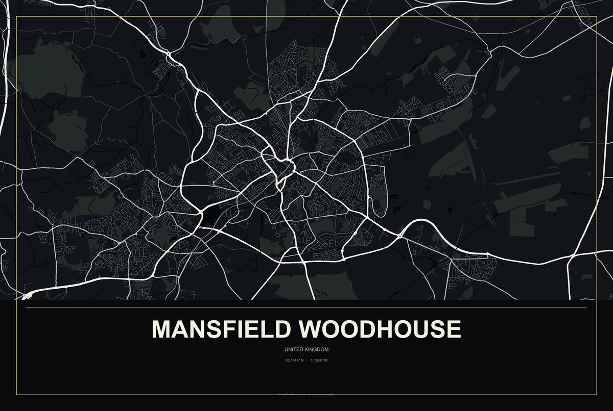 Mansfield Woodhouse, United Kingdom City Map Aluminum Sign in Metropolitan Noir style