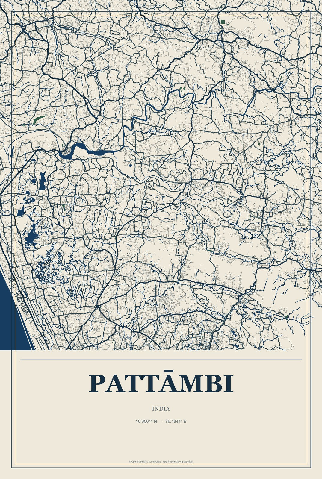 Pattāmbi, India City Map Aluminum Sign in Coastal Cutout style