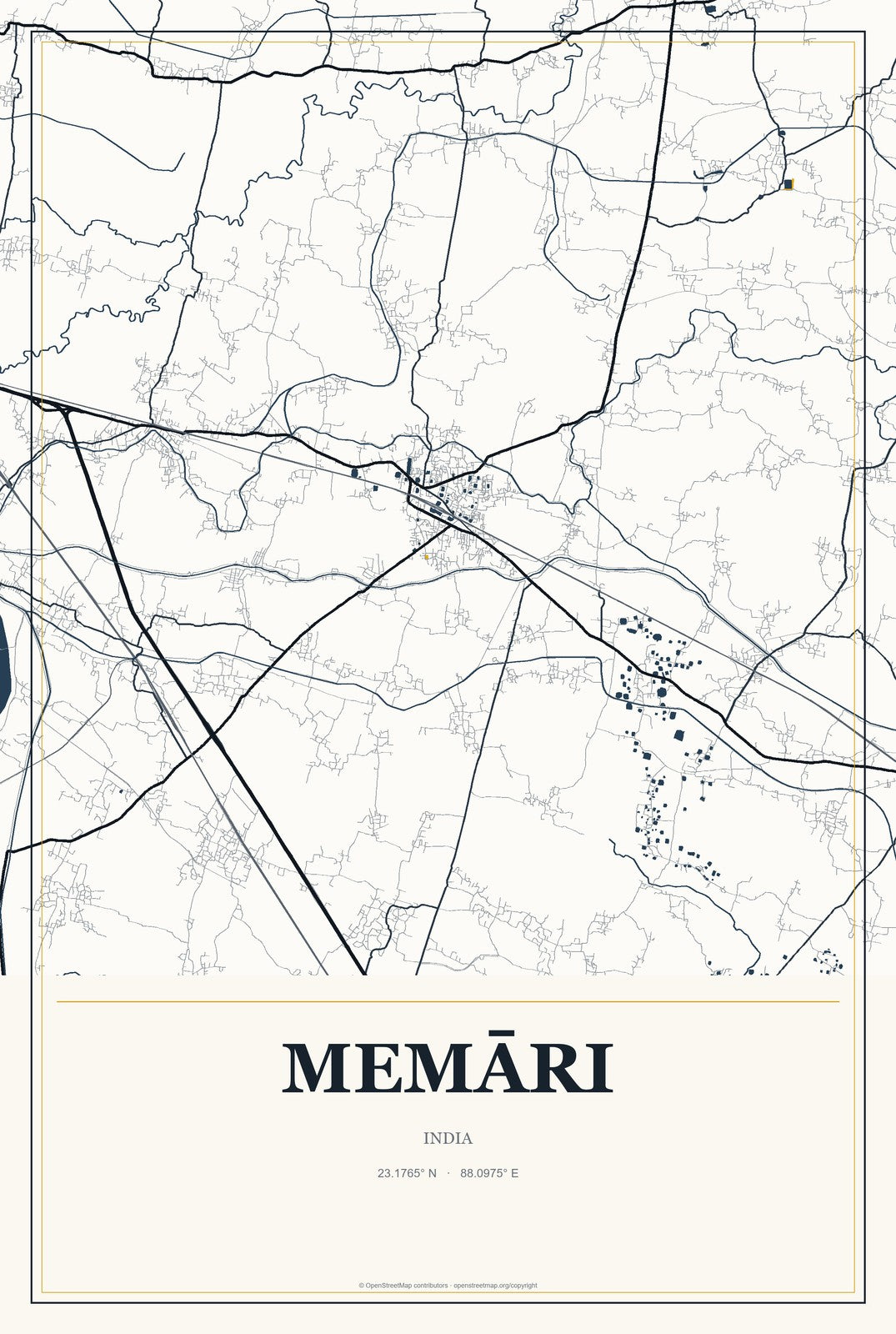 Memāri, India City Map Aluminum Sign in Citrine Modern style