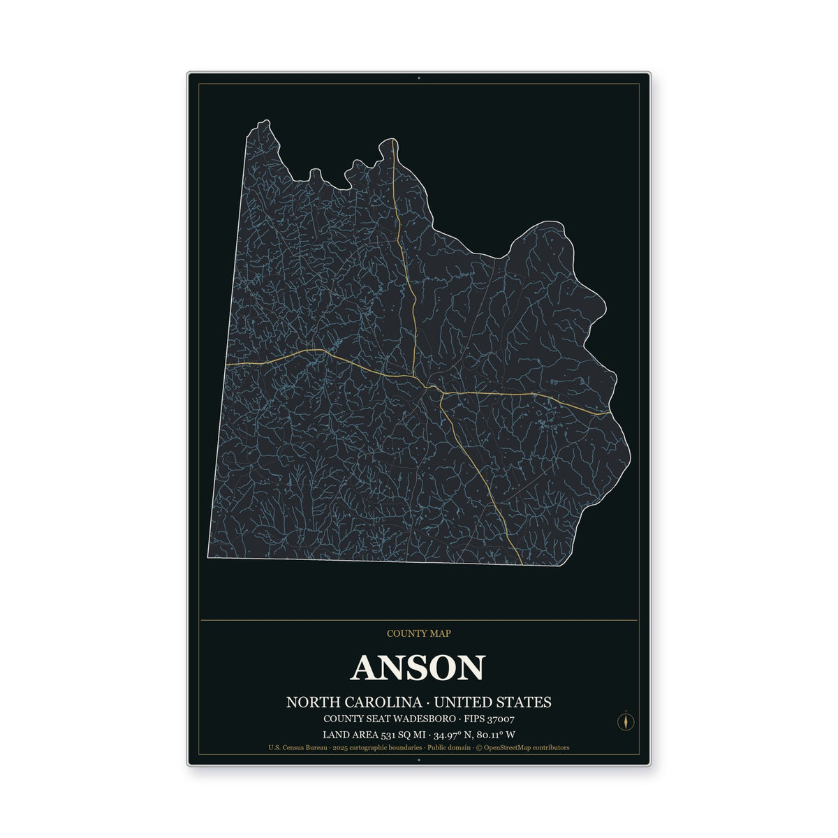 Anson County, North Carolina Map Aluminum Sign in Metropolitan Noir style