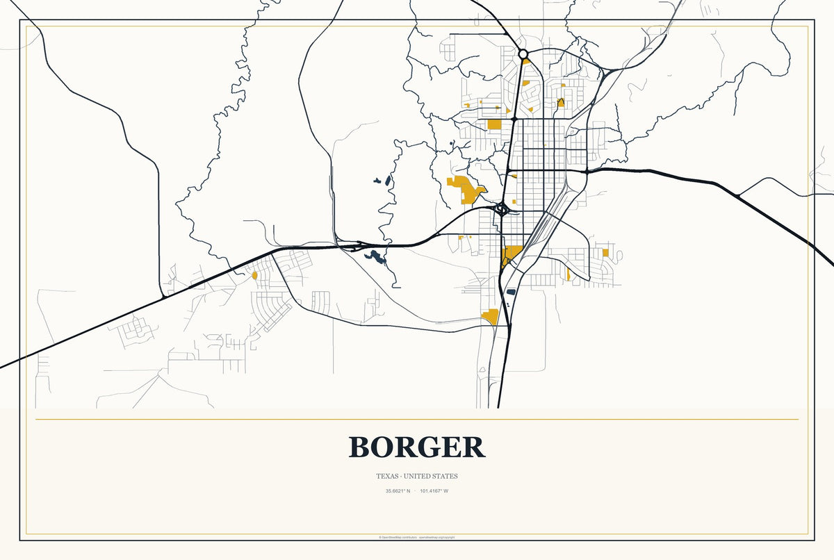 Borger, Texas City Map Aluminum Sign in Citrine Modern style