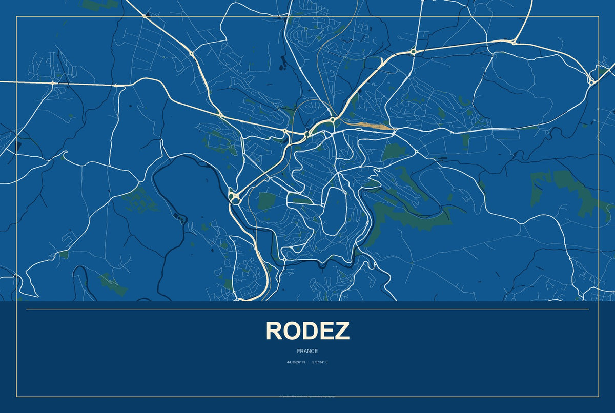 Rodez, France City Map Aluminum Sign in Harbor Cobalt style
