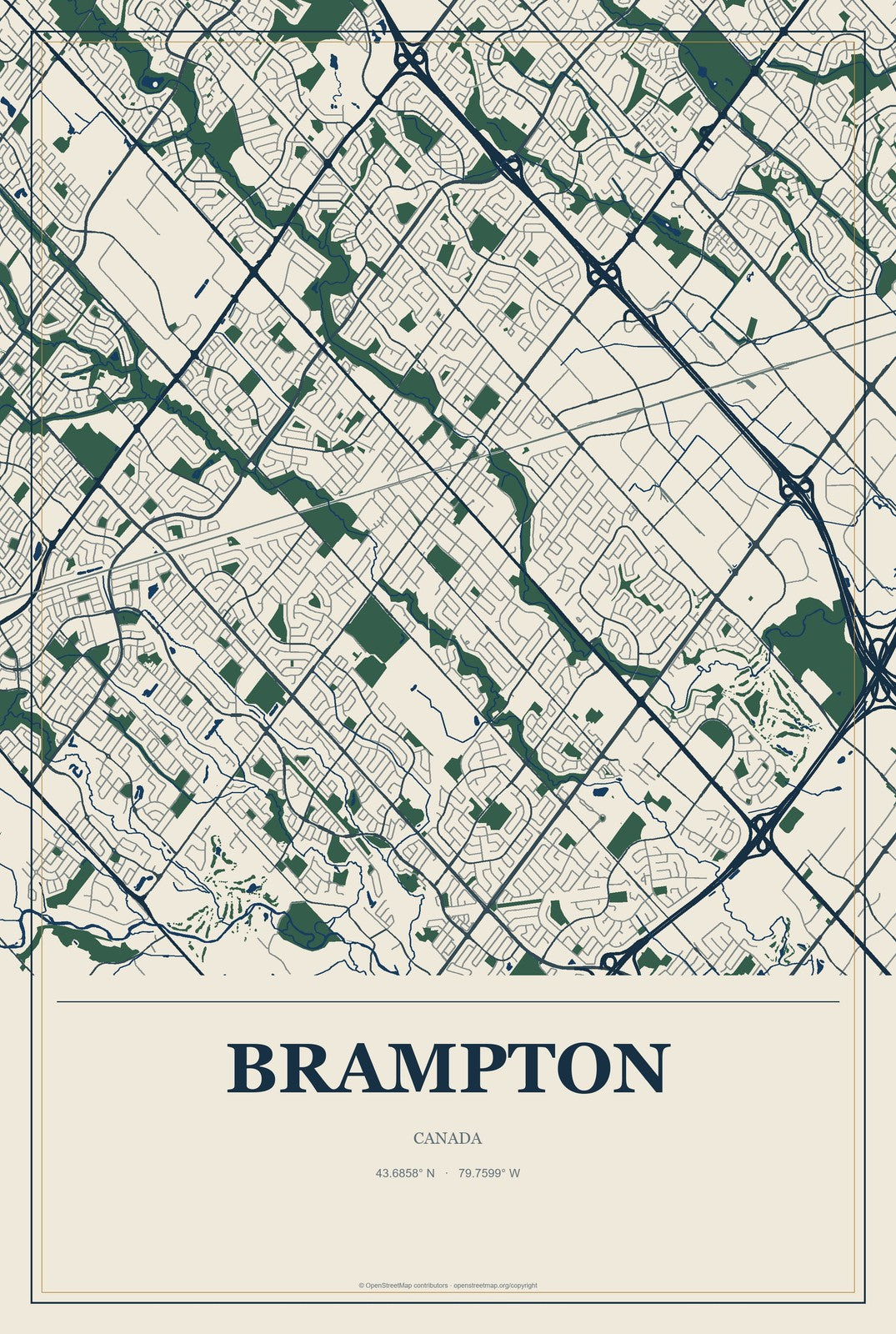 Brampton, Canada City Map Aluminum Sign in Coastal Cutout style