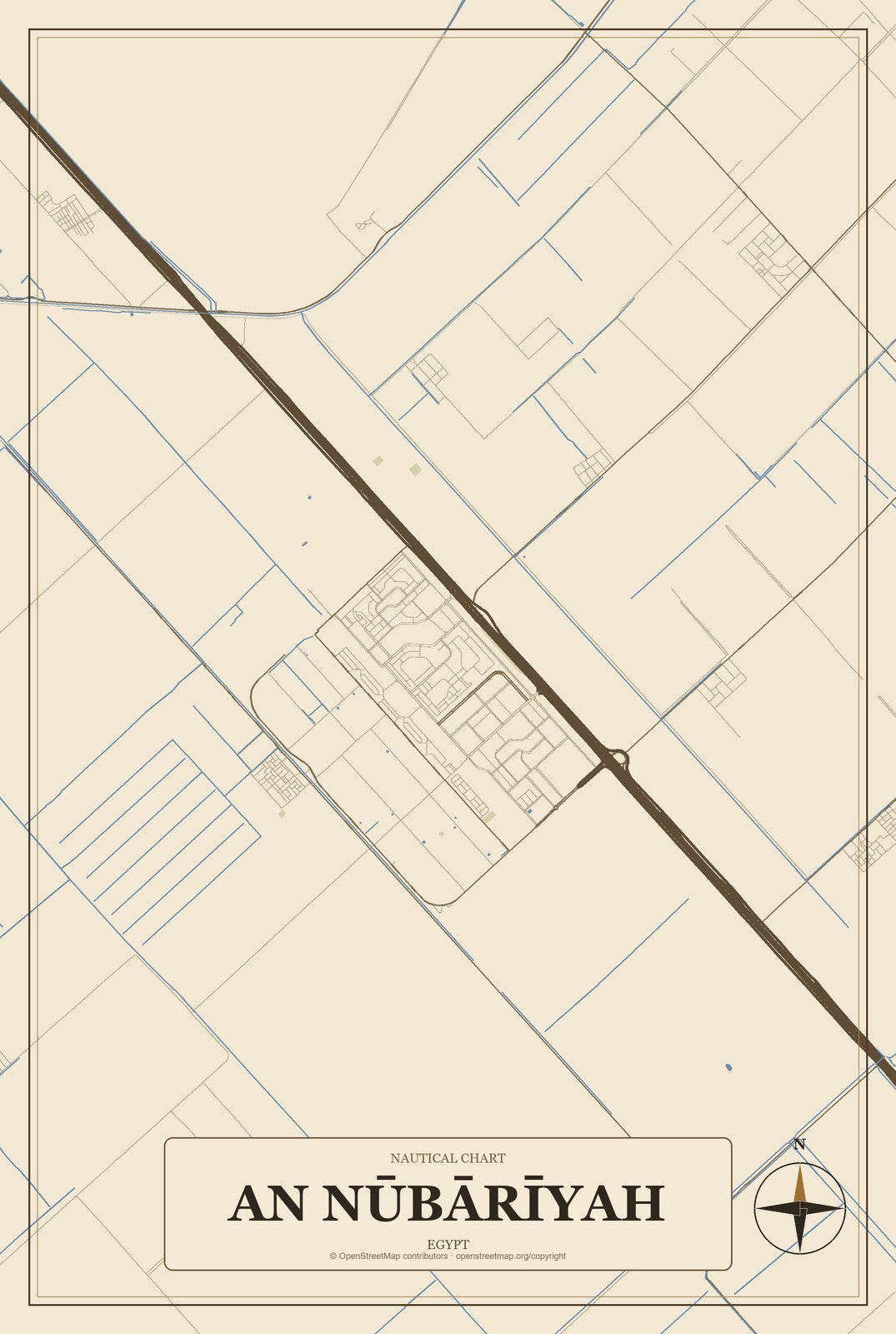An Nūbārīyah, Egypt City Map Aluminum Sign in Heritage Nautical style