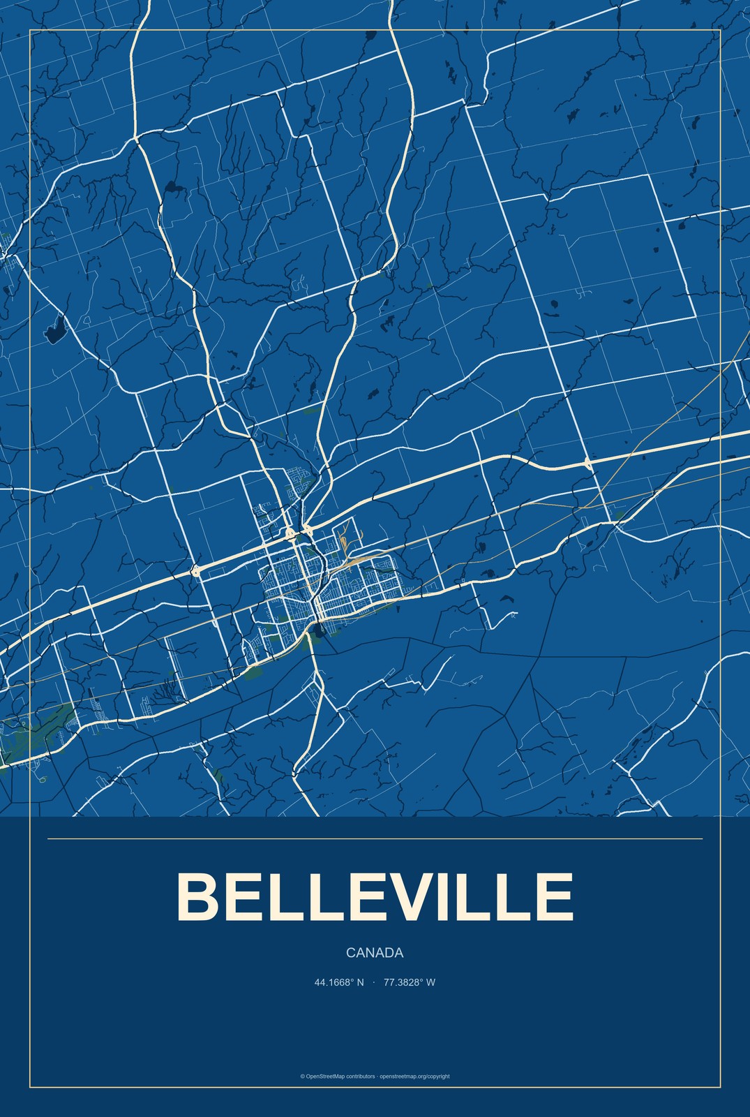 Belleville, Canada City Map Aluminum Sign in Harbor Cobalt style