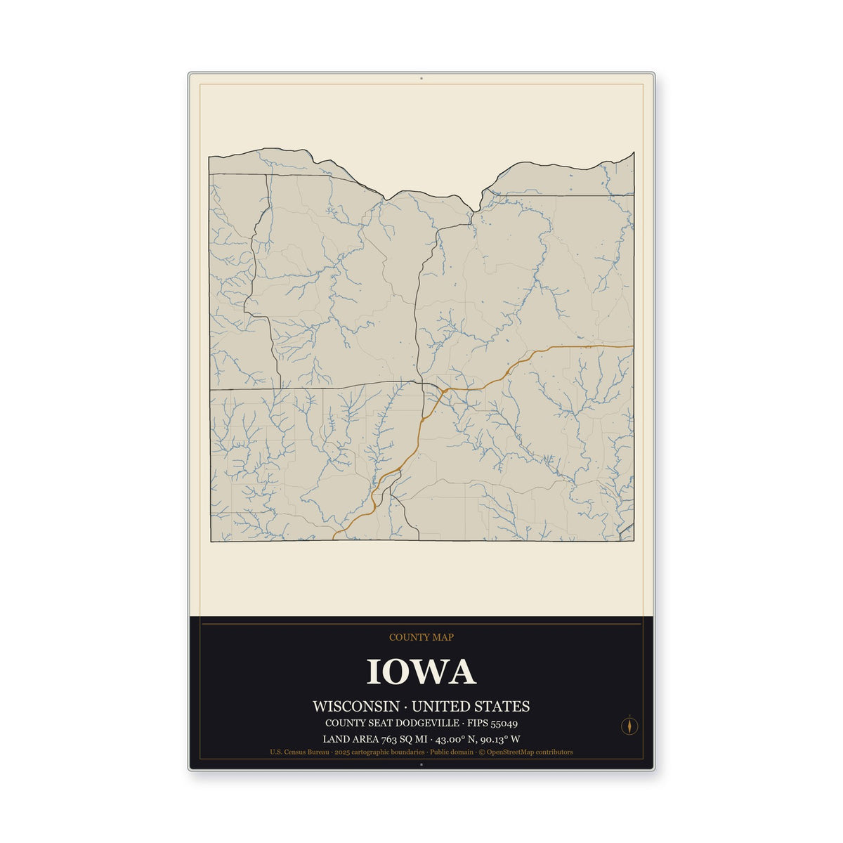 Iowa County, Wisconsin Map Aluminum Sign in Museum Plaque style