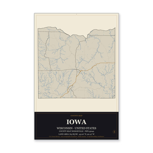 Iowa County, Wisconsin Map Aluminum Sign in Museum Plaque style