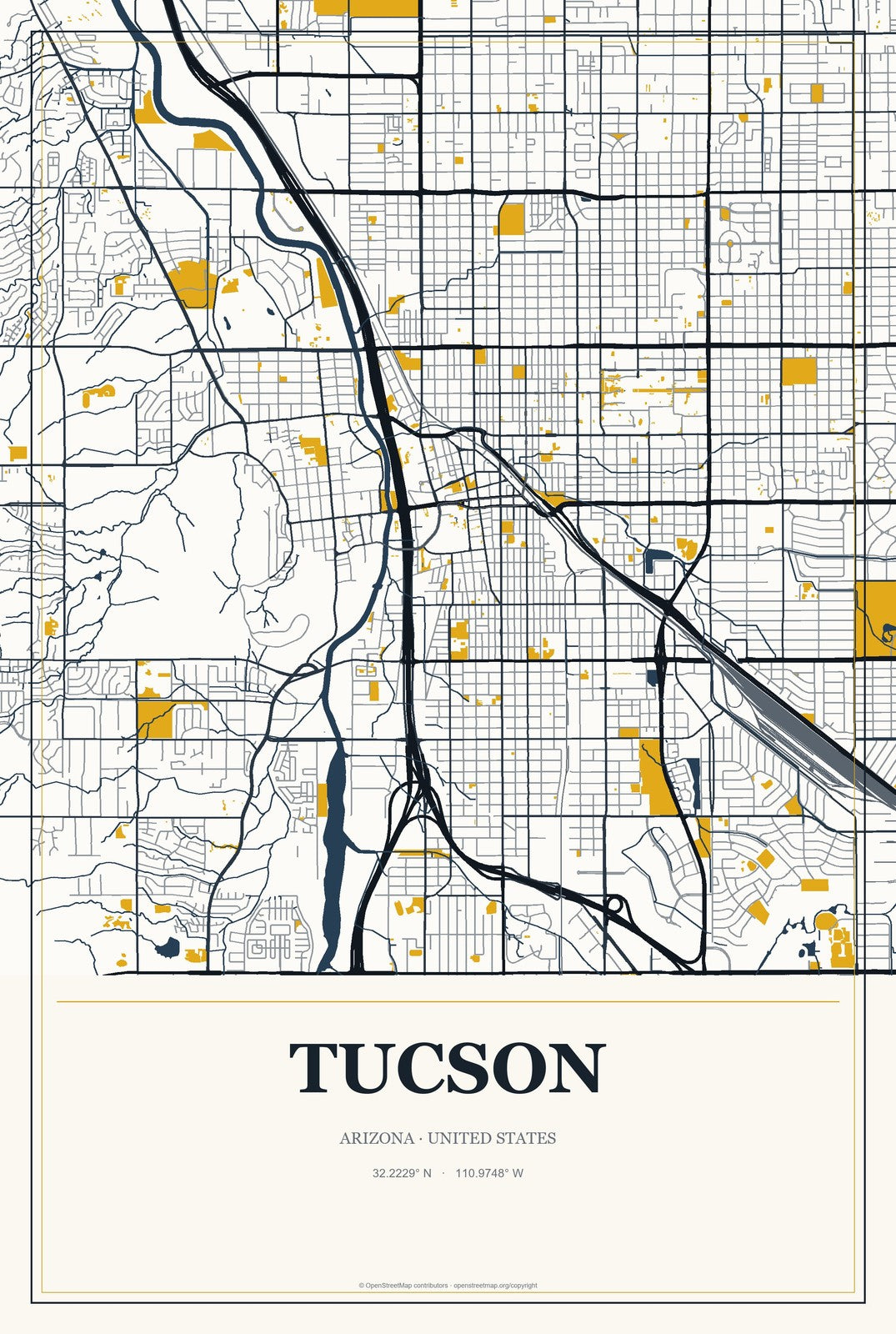 Tucson, Arizona City Map Aluminum Sign in Citrine Modern style