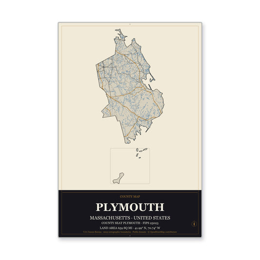Plymouth County, Massachusetts Map Aluminum Sign in Museum Plaque style