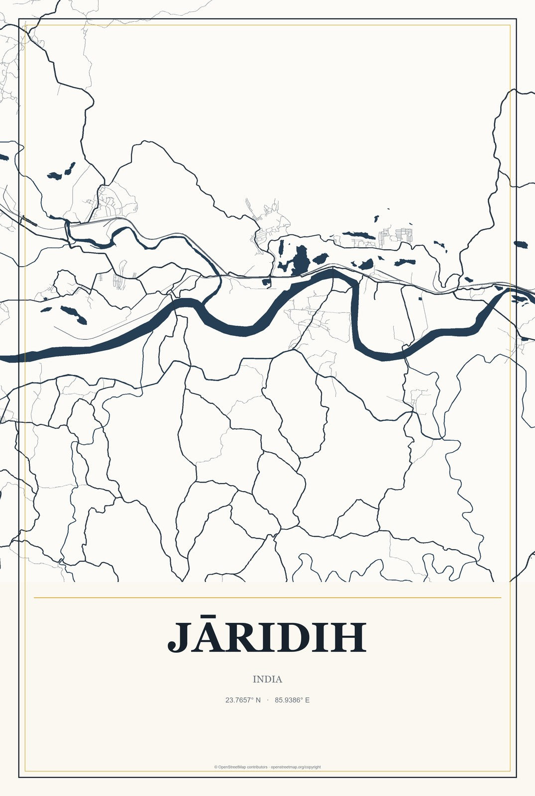 Jāridih, India City Map Aluminum Sign in Citrine Modern style