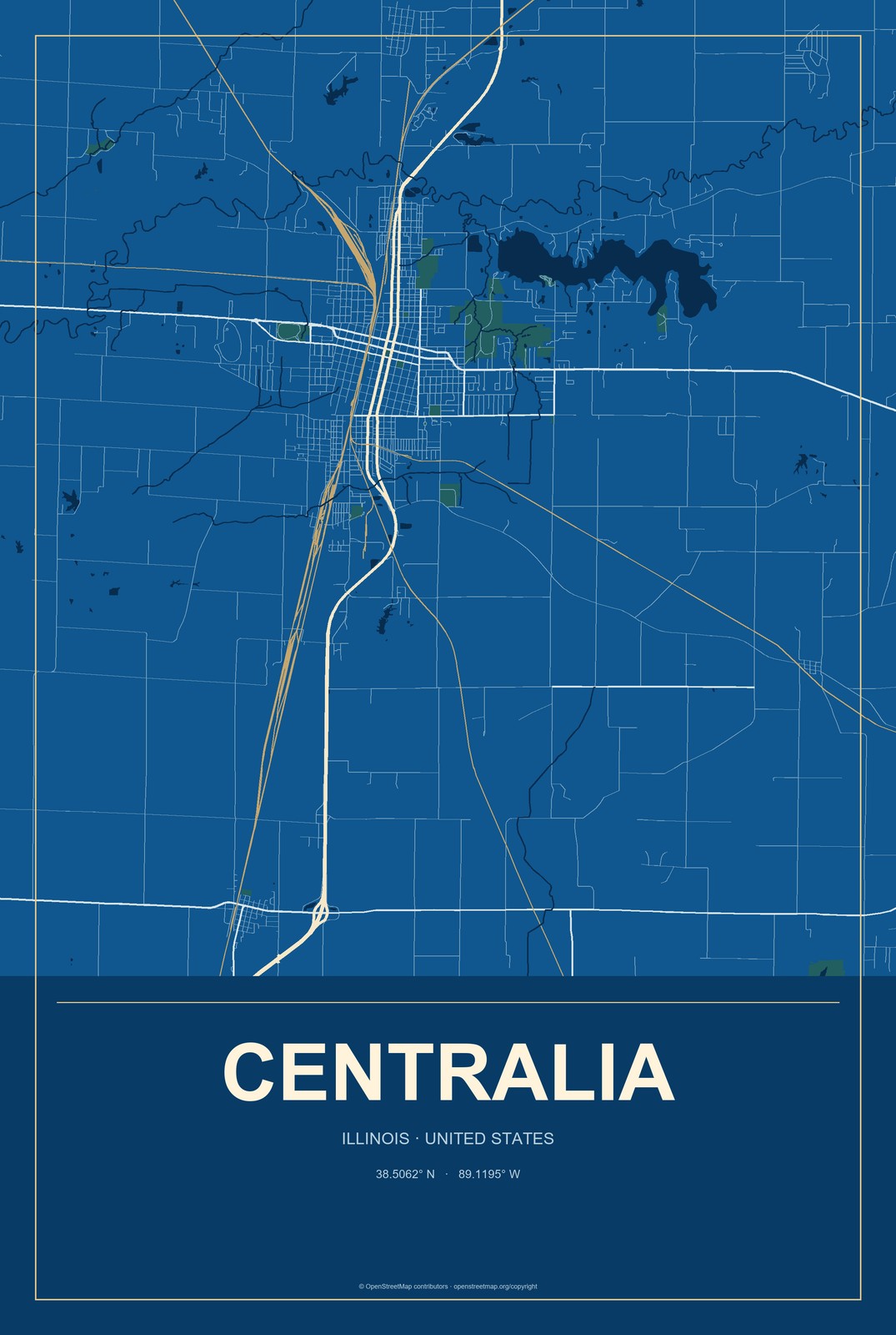 Centralia, Illinois City Map Aluminum Sign in Harbor Cobalt style