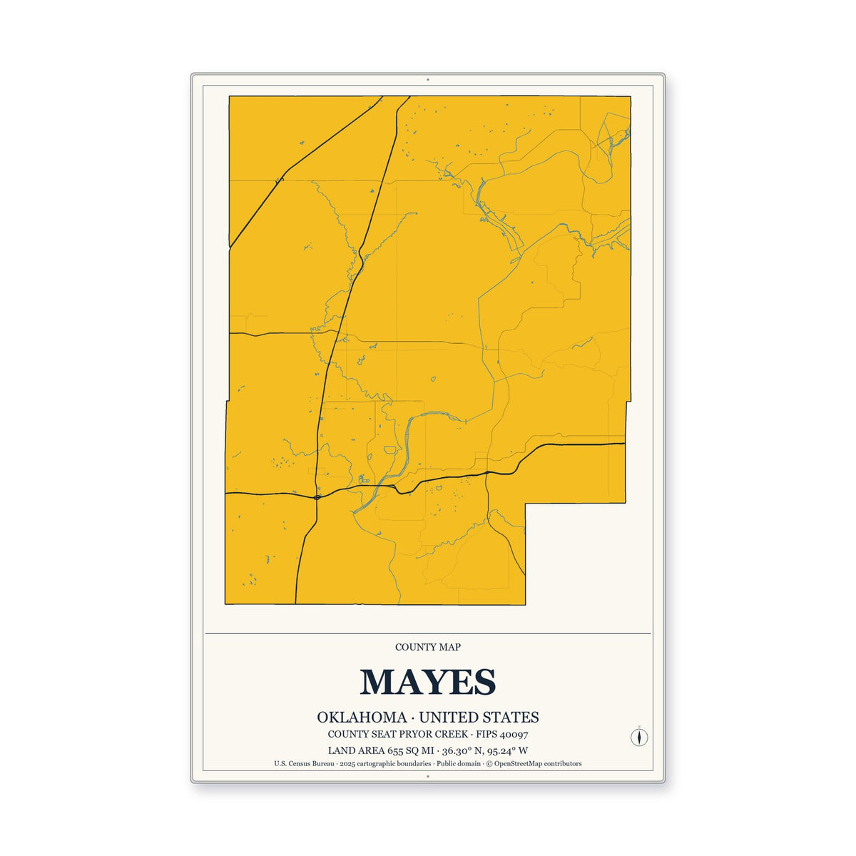 Mayes County, Oklahoma Map Aluminum Sign in Citrine Modern style