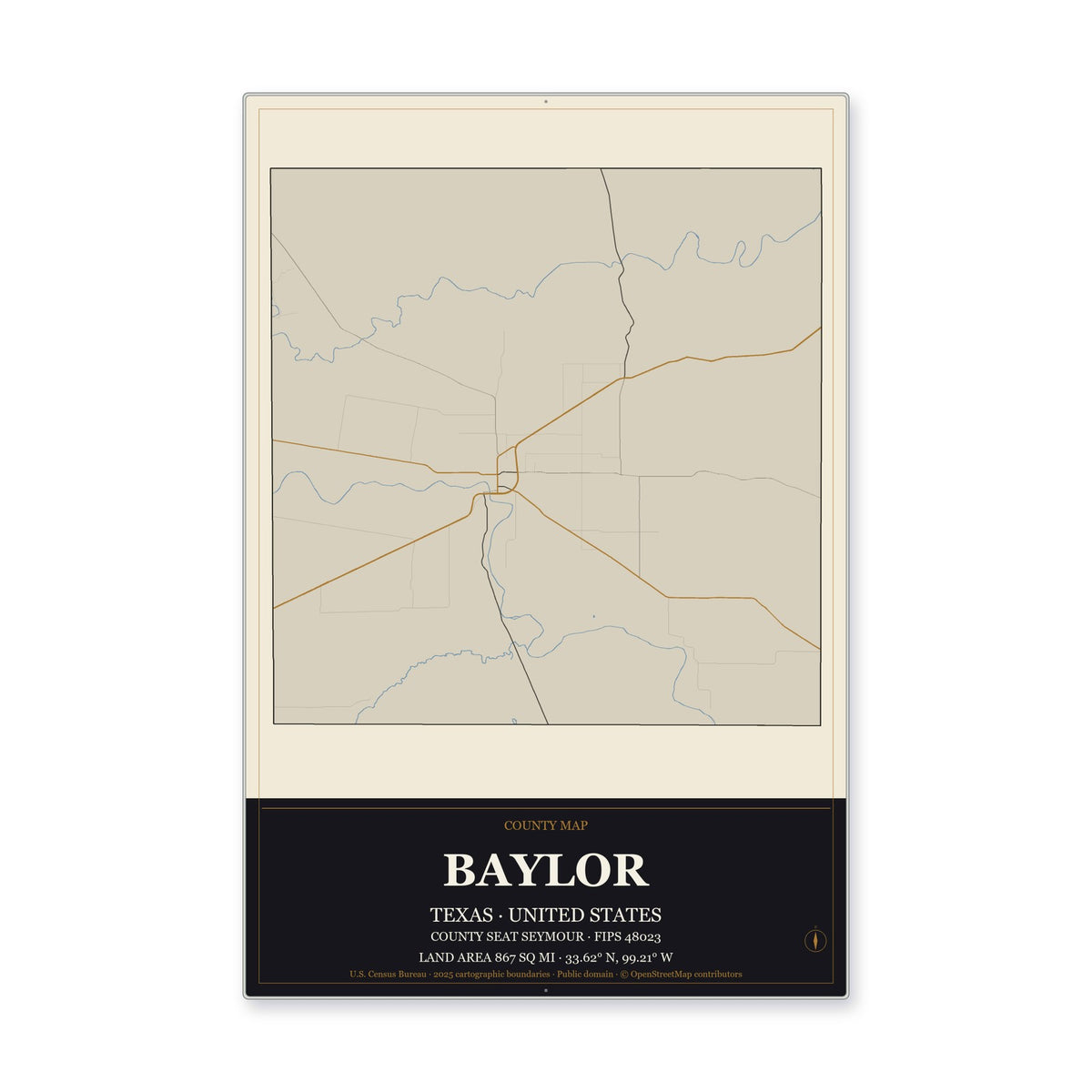 Baylor County, Texas Map Aluminum Sign in Museum Plaque style