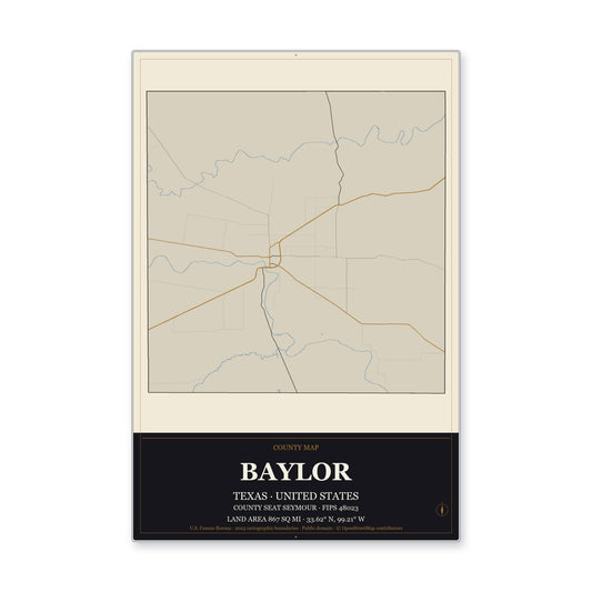 Baylor County, Texas Map Aluminum Sign in Museum Plaque style