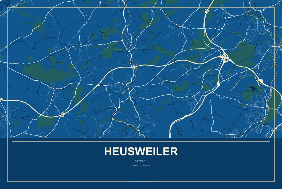 Heusweiler, Germany City Map Aluminum Sign in Harbor Cobalt style