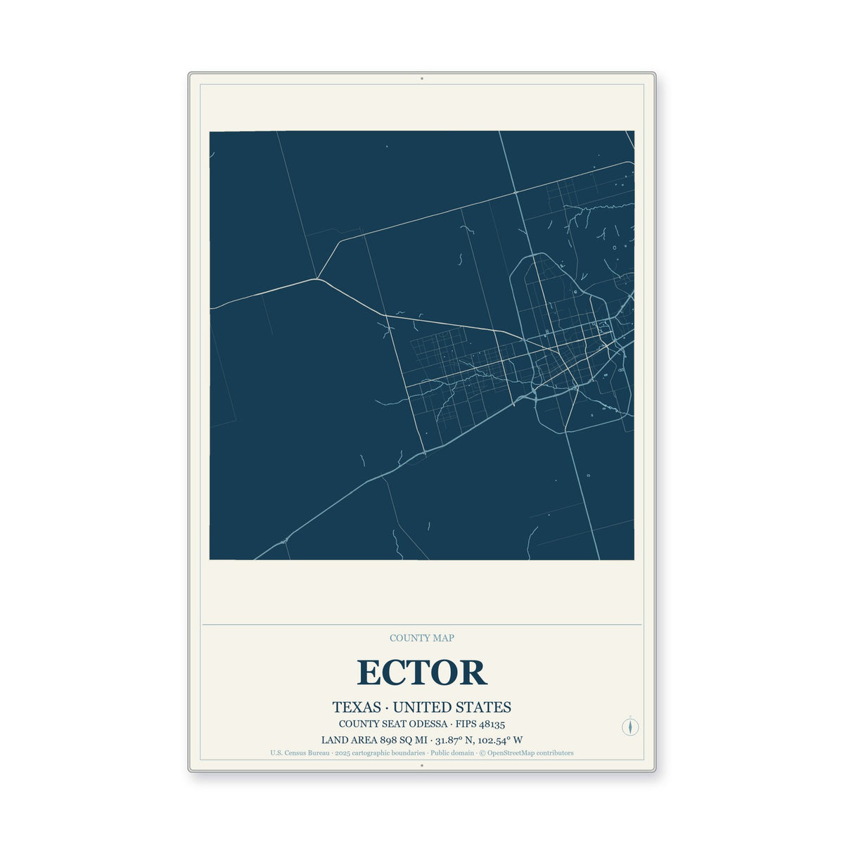 Ector County, Texas Map Aluminum Sign in Coastal Cutout style
