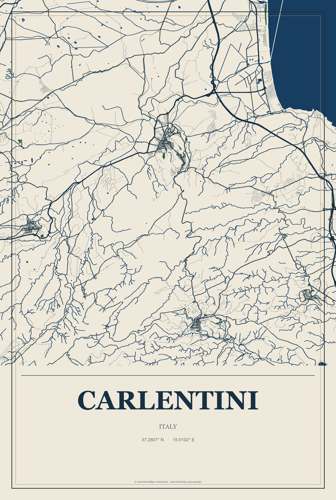 Carlentini, Italy City Map Aluminum Sign in Coastal Cutout style