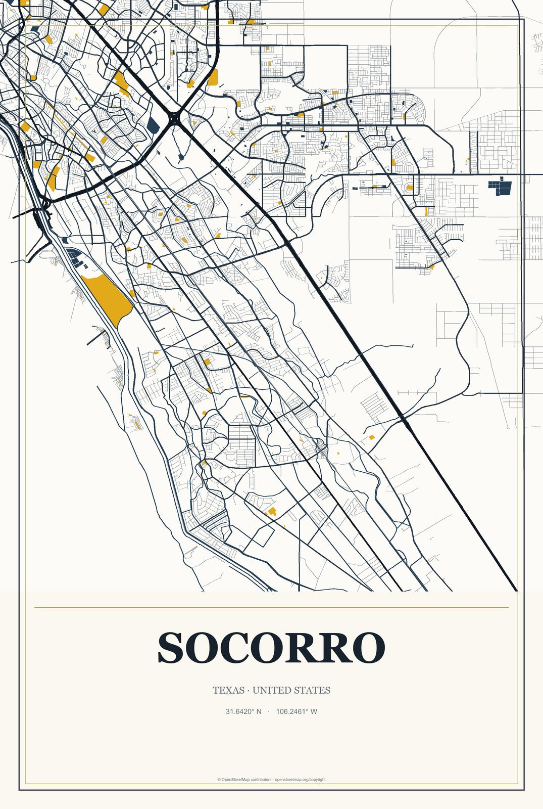 Socorro, Texas City Map Aluminum Sign in Citrine Modern style