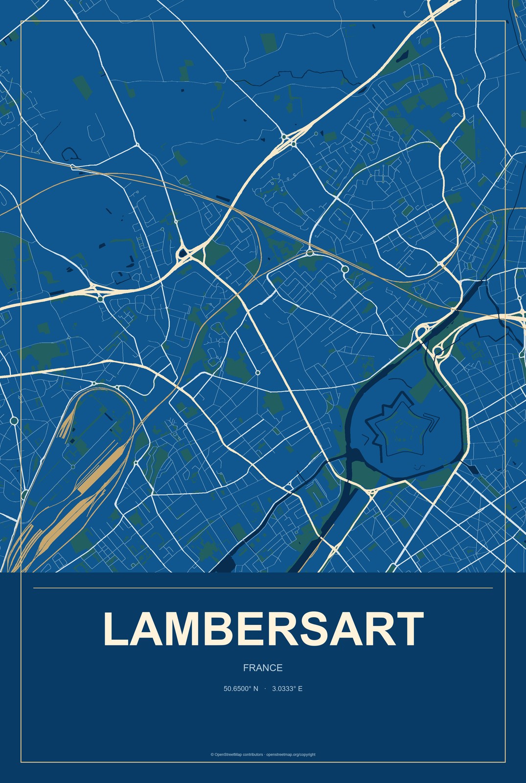 Lambersart, France City Map Aluminum Sign in Harbor Cobalt style