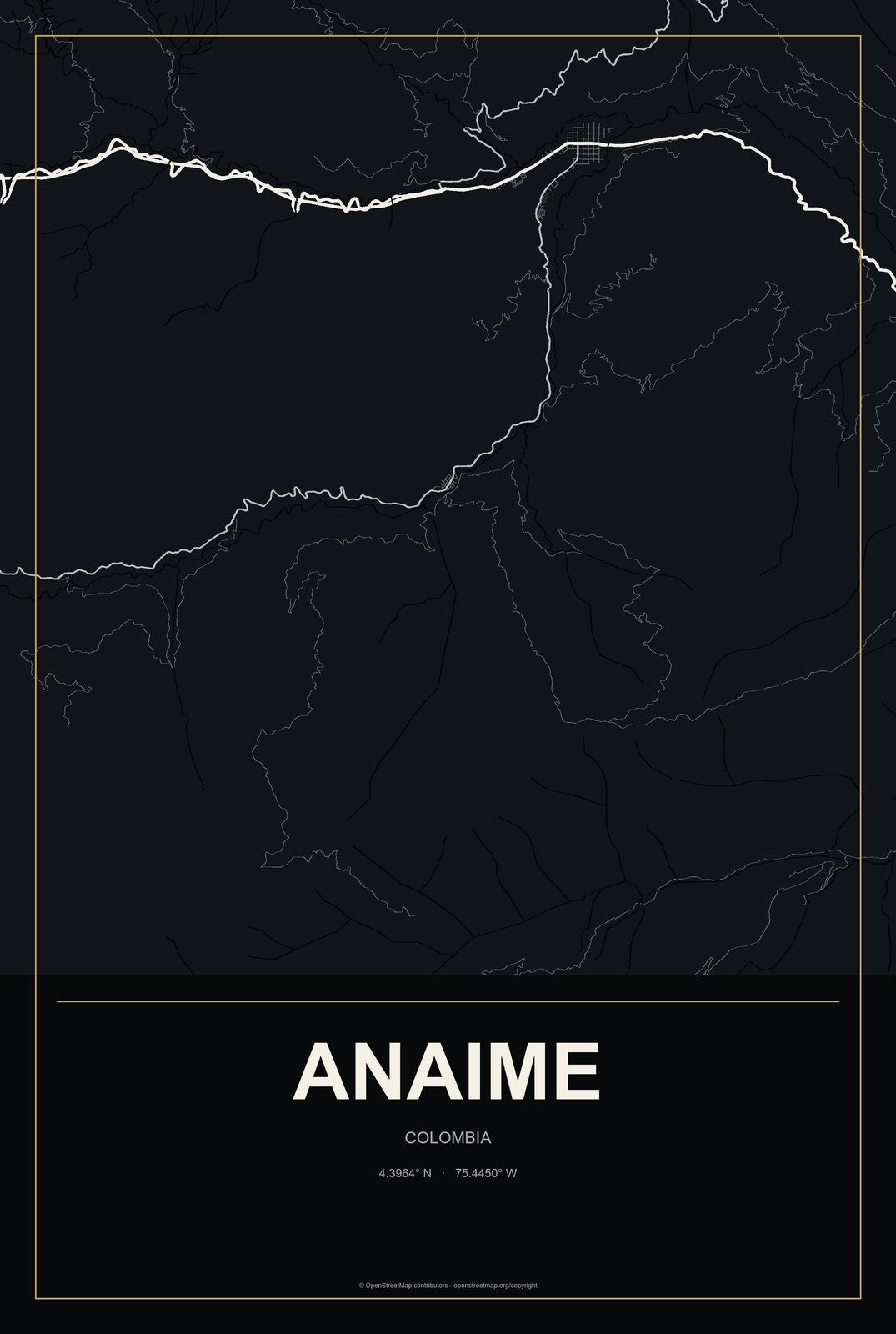 Anaime, Colombia City Map Aluminum Sign in Metropolitan Noir style