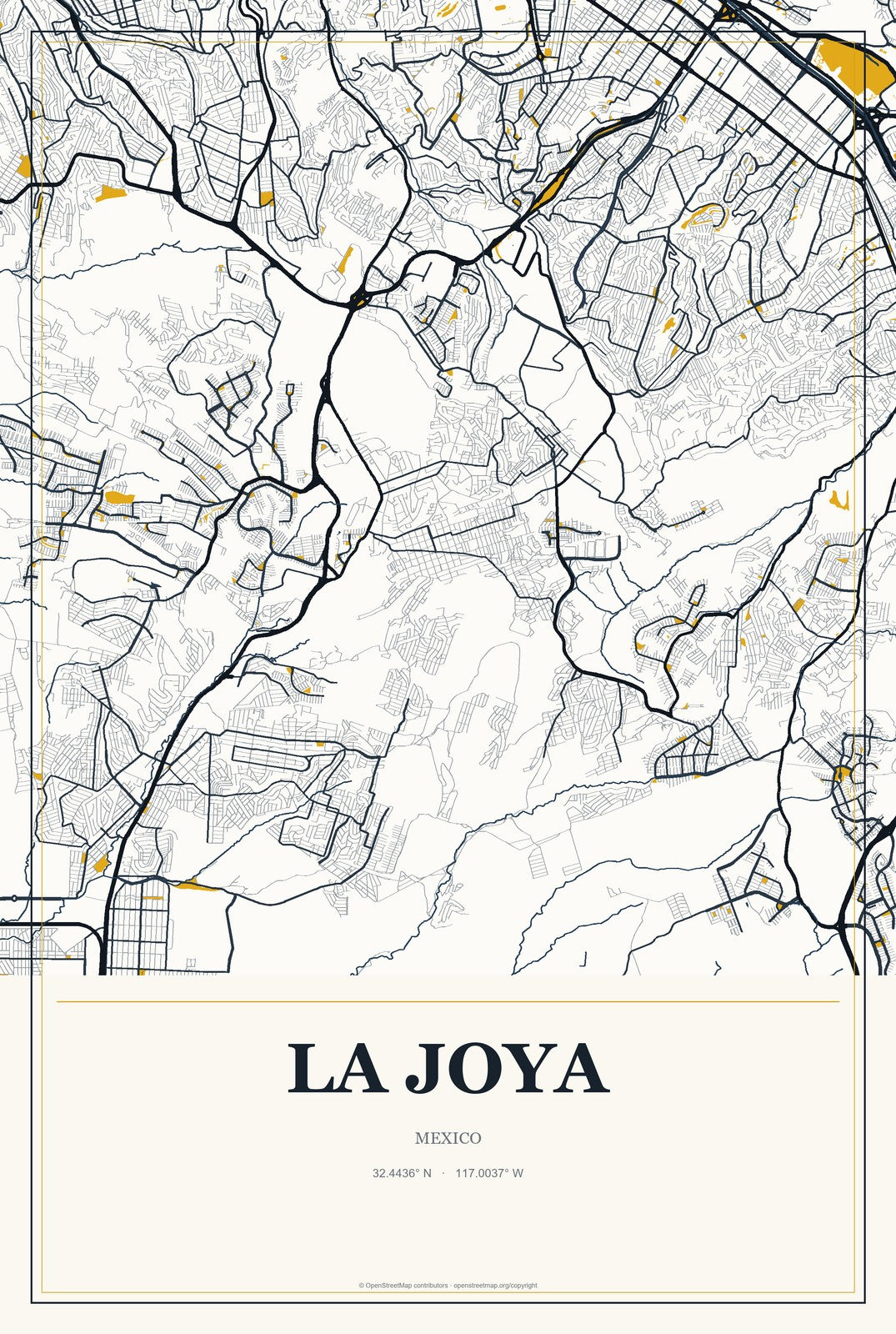 La Joya, Morelos, Mexico City Map Aluminum Sign in Citrine Modern style