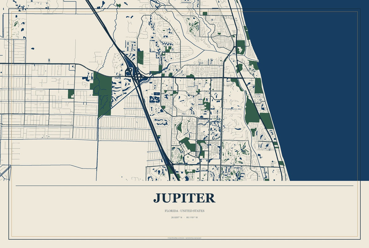 Jupiter, Florida City Map Aluminum Sign in Coastal Cutout style