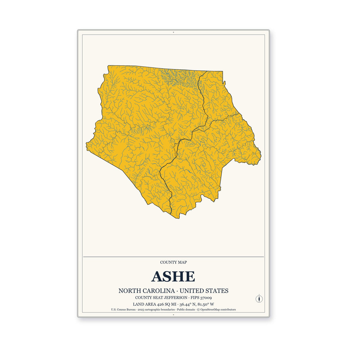 Ashe County, North Carolina Map Aluminum Sign in Citrine Modern style