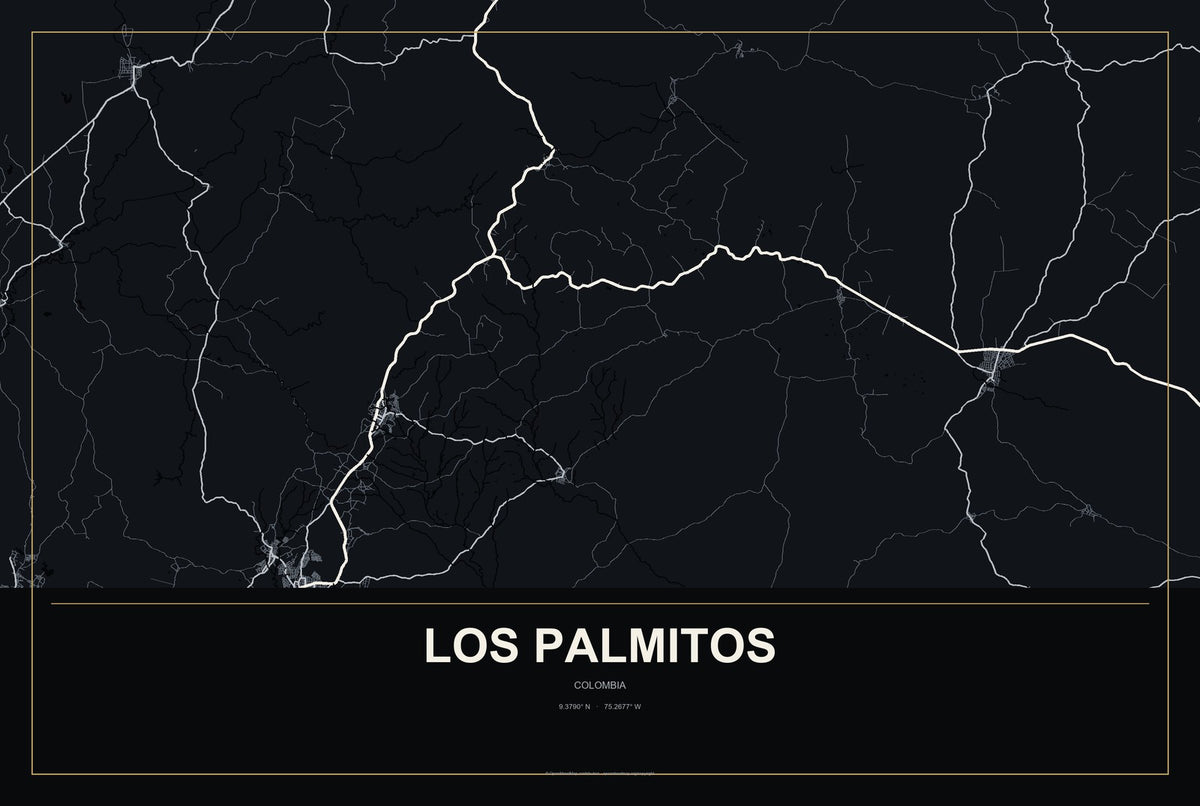 Los Palmitos, Colombia City Map Aluminum Sign in Metropolitan Noir style