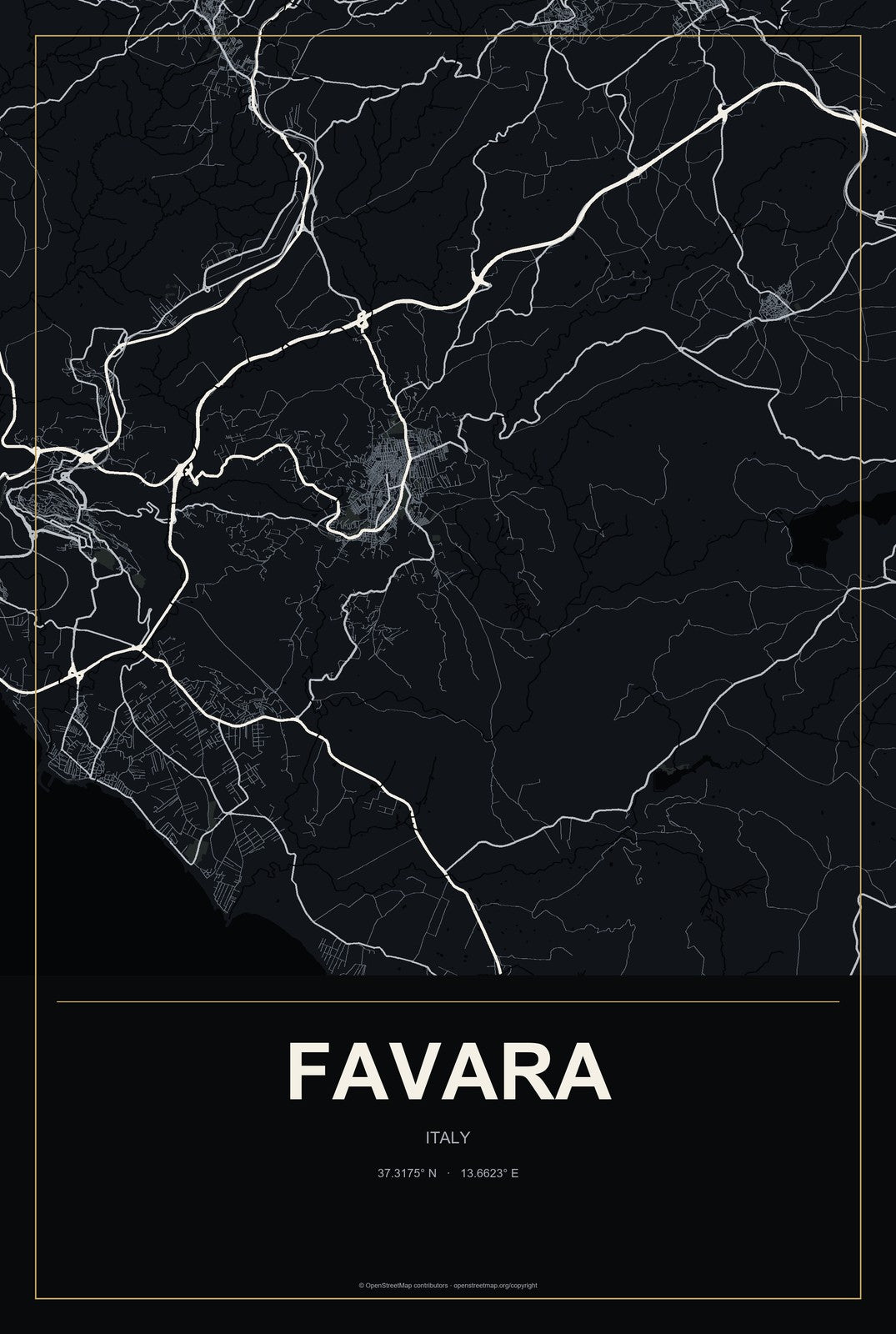 Favara, Italy City Map Aluminum Sign in Metropolitan Noir style