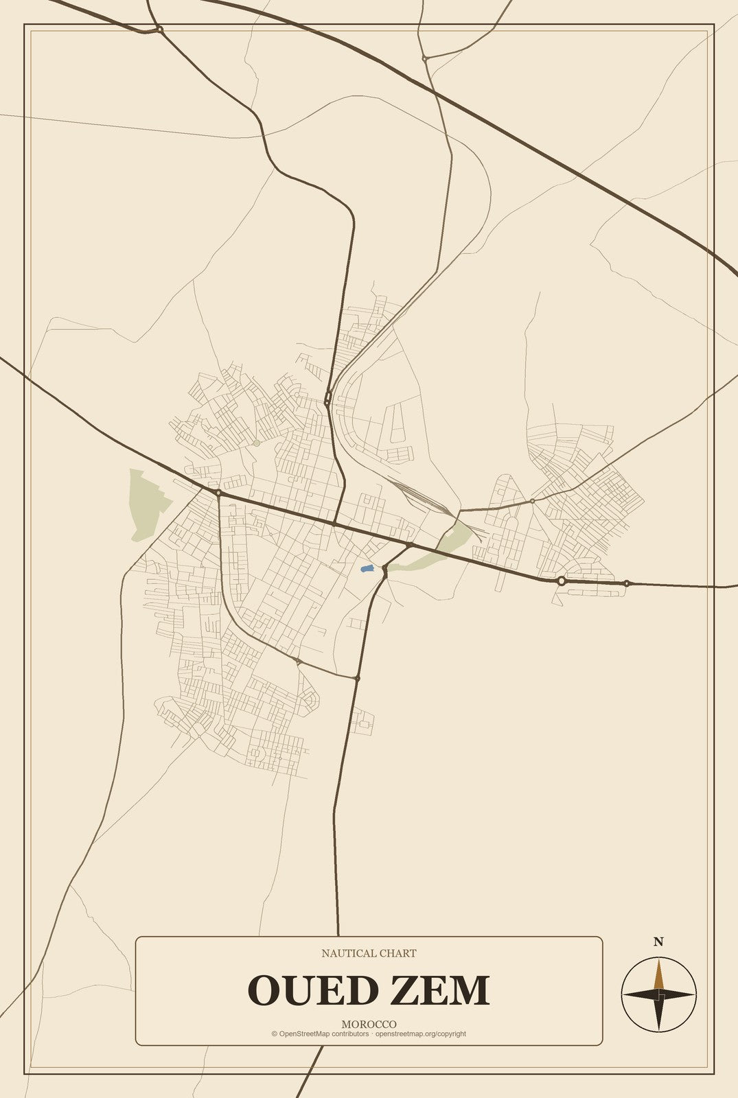 Oued Zem, Morocco City Map Aluminum Sign in Heritage Nautical style