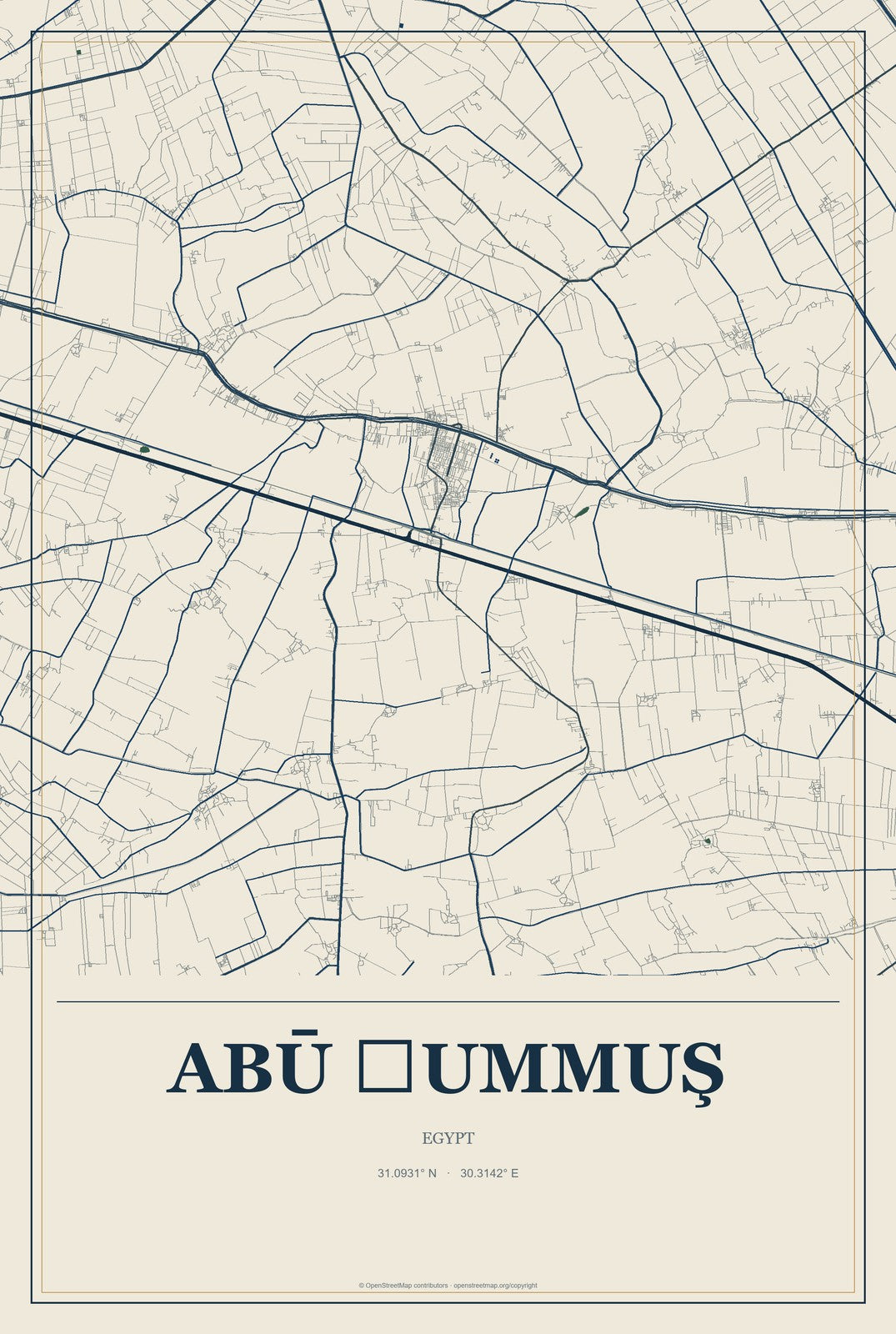 Abū Ḩummuş, Egypt City Map Aluminum Sign in Coastal Cutout style