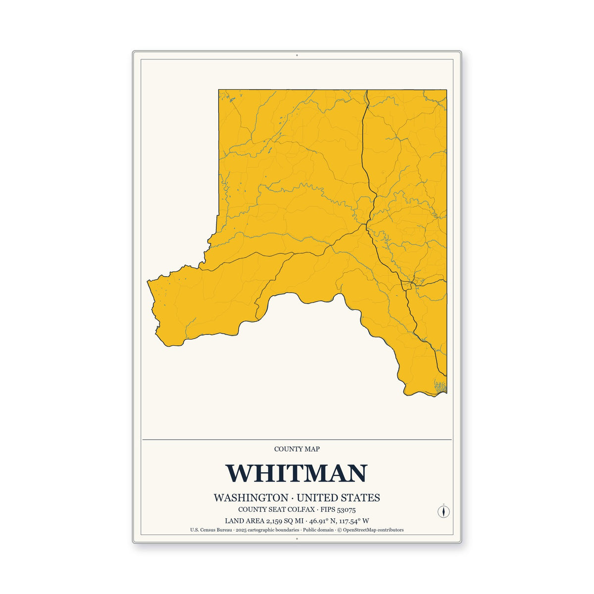 Whitman County, Washington Map Aluminum Sign in Citrine Modern style
