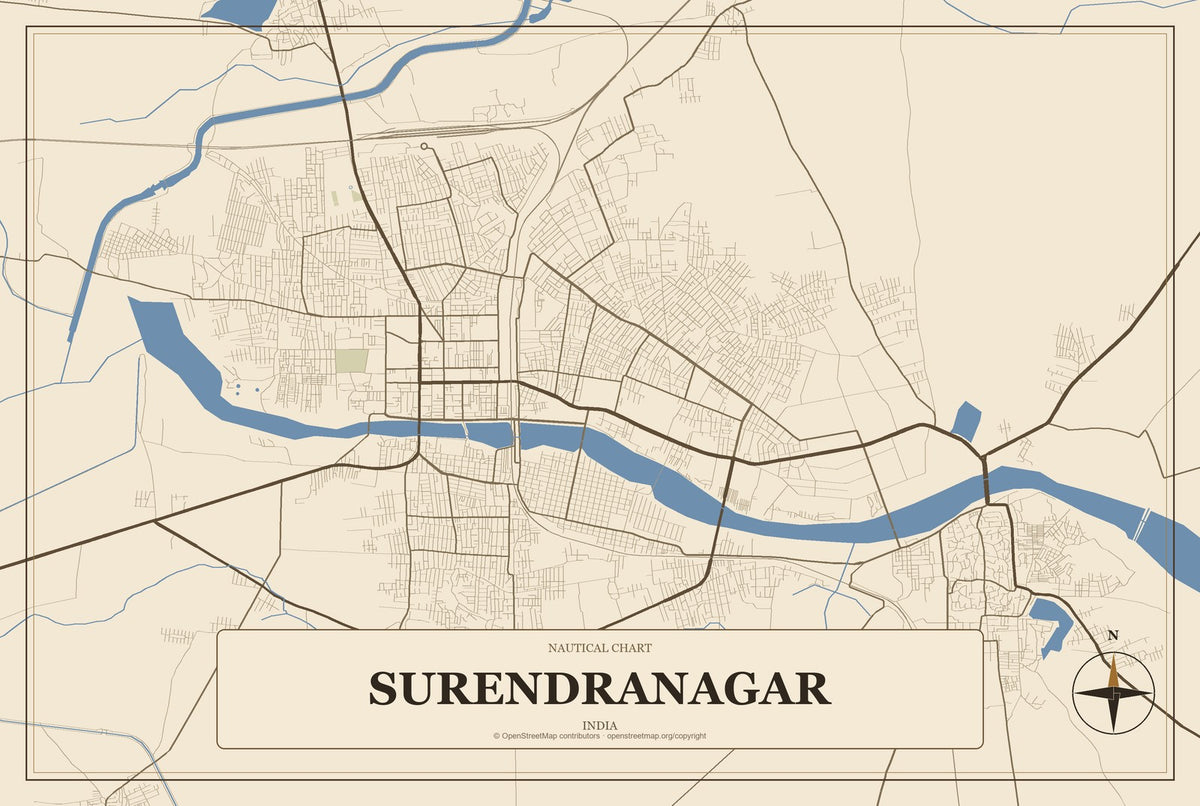 Surendranagar, India City Map Aluminum Sign in Heritage Nautical style