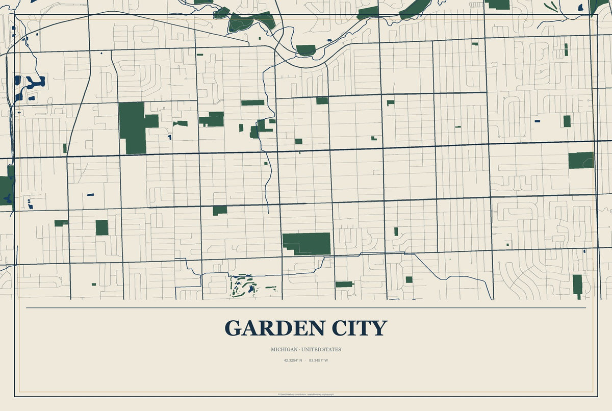 Garden City, Michigan City Map Aluminum Sign in Coastal Cutout style