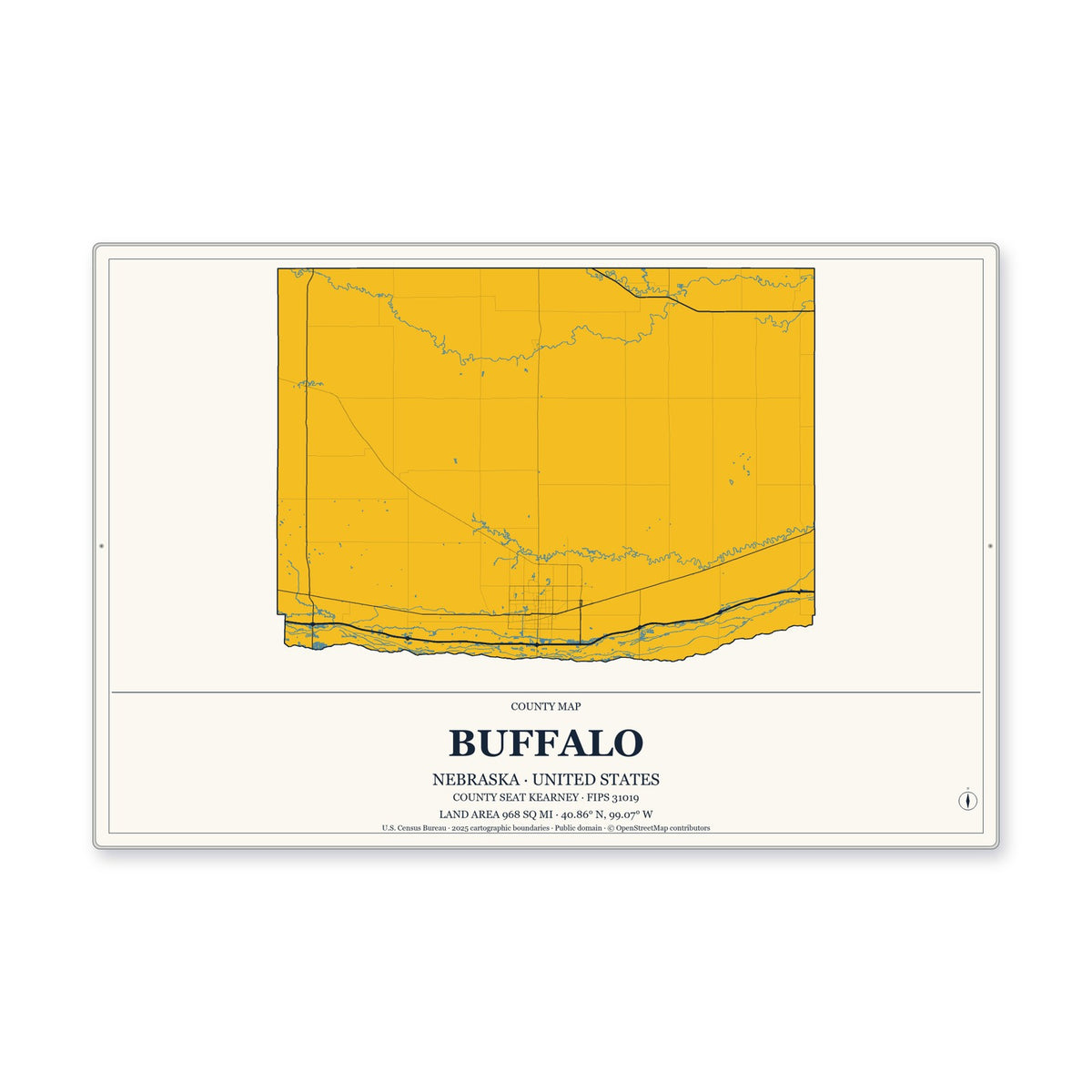 Buffalo County, Nebraska Map Aluminum Sign in Citrine Modern style