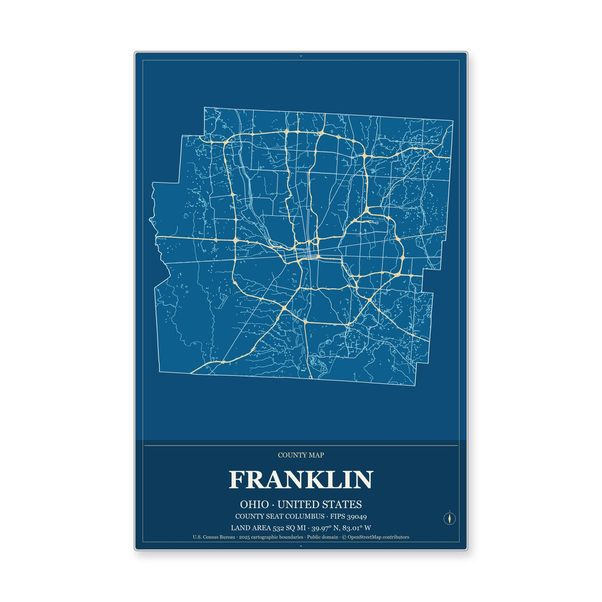Franklin County, Ohio Map Aluminum Sign in Harbor Cobalt style