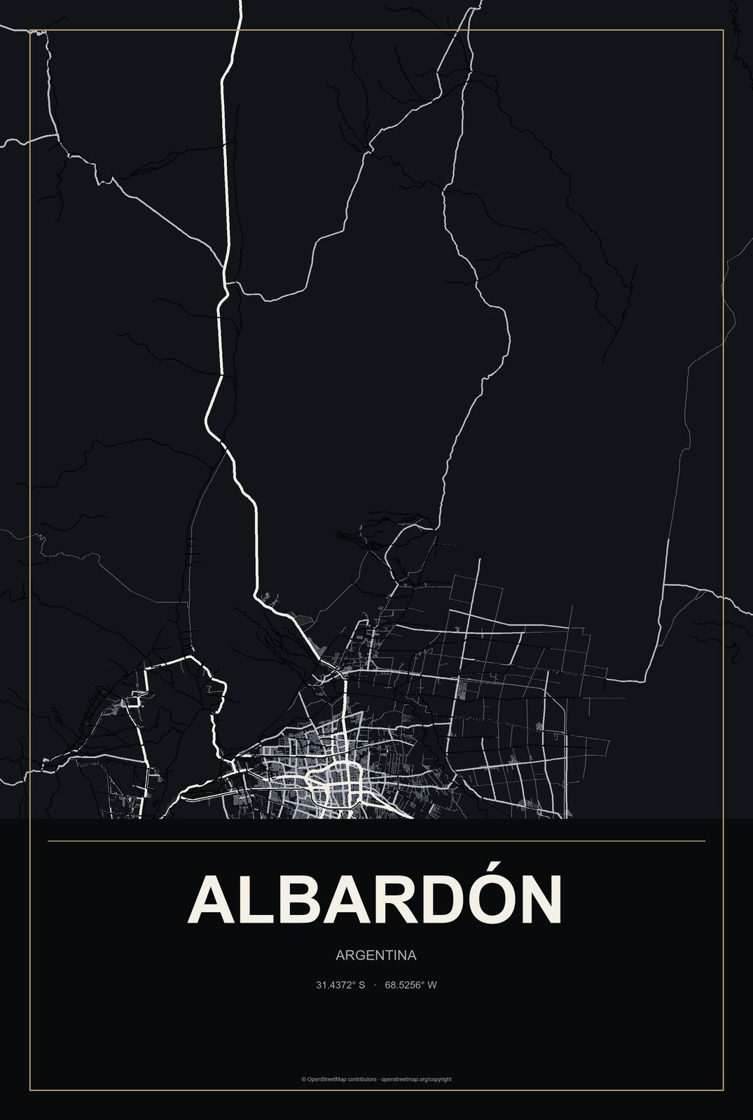 Albardón, Argentina City Map Aluminum Sign in Metropolitan Noir style