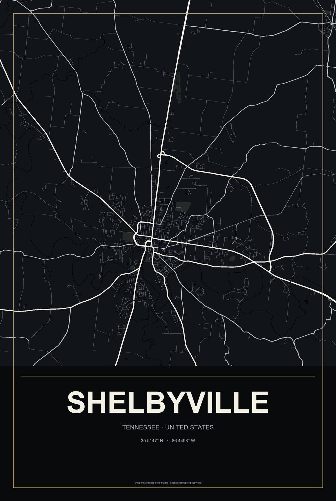 Shelbyville, Tennessee City Map Aluminum Sign in Metropolitan Noir style