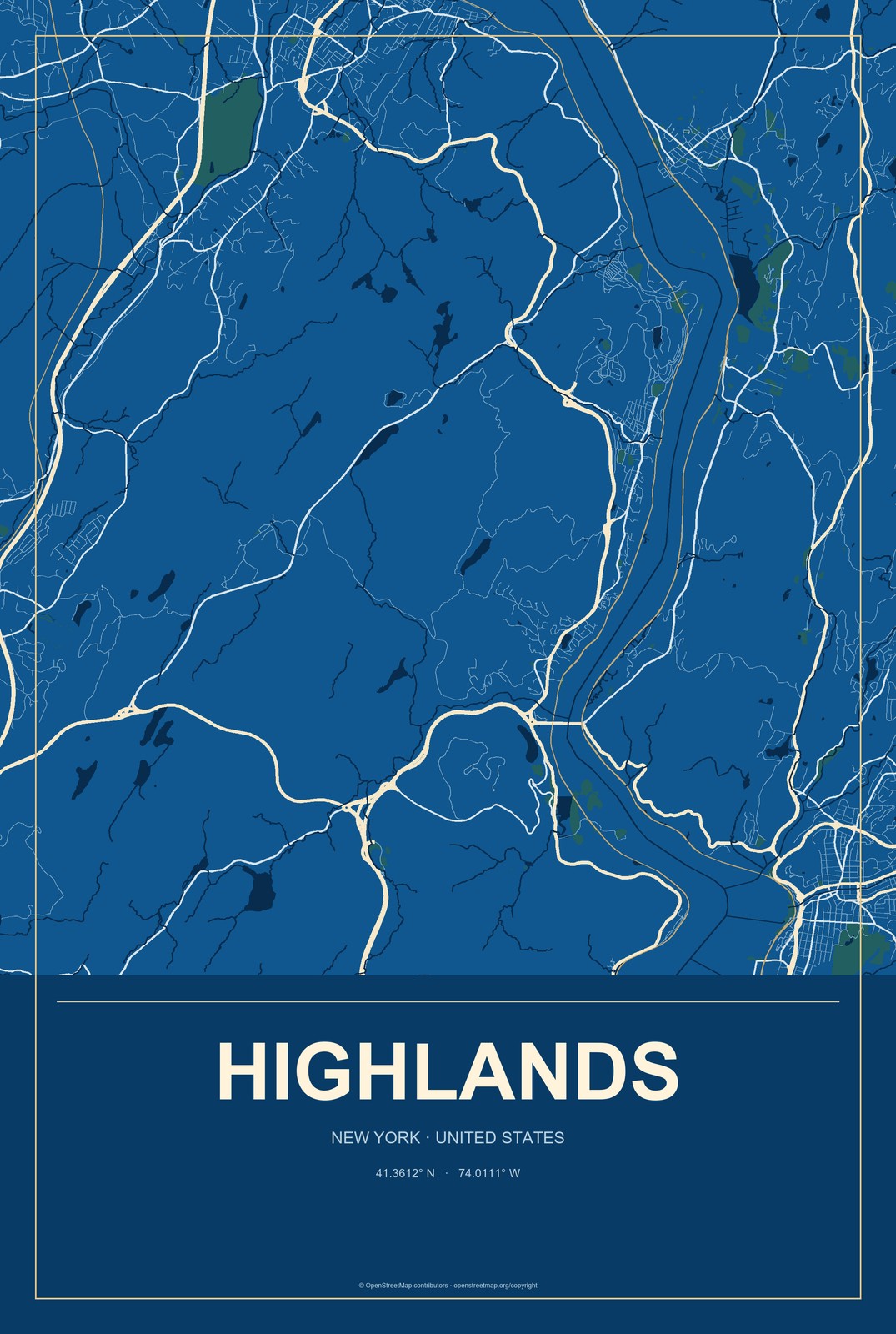 Highlands, New York City Map Aluminum Sign in Harbor Cobalt style