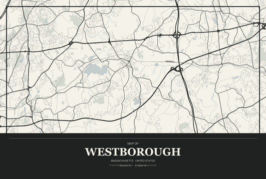 Westborough, Massachusetts City Map Aluminum Sign in Museum Plaque style